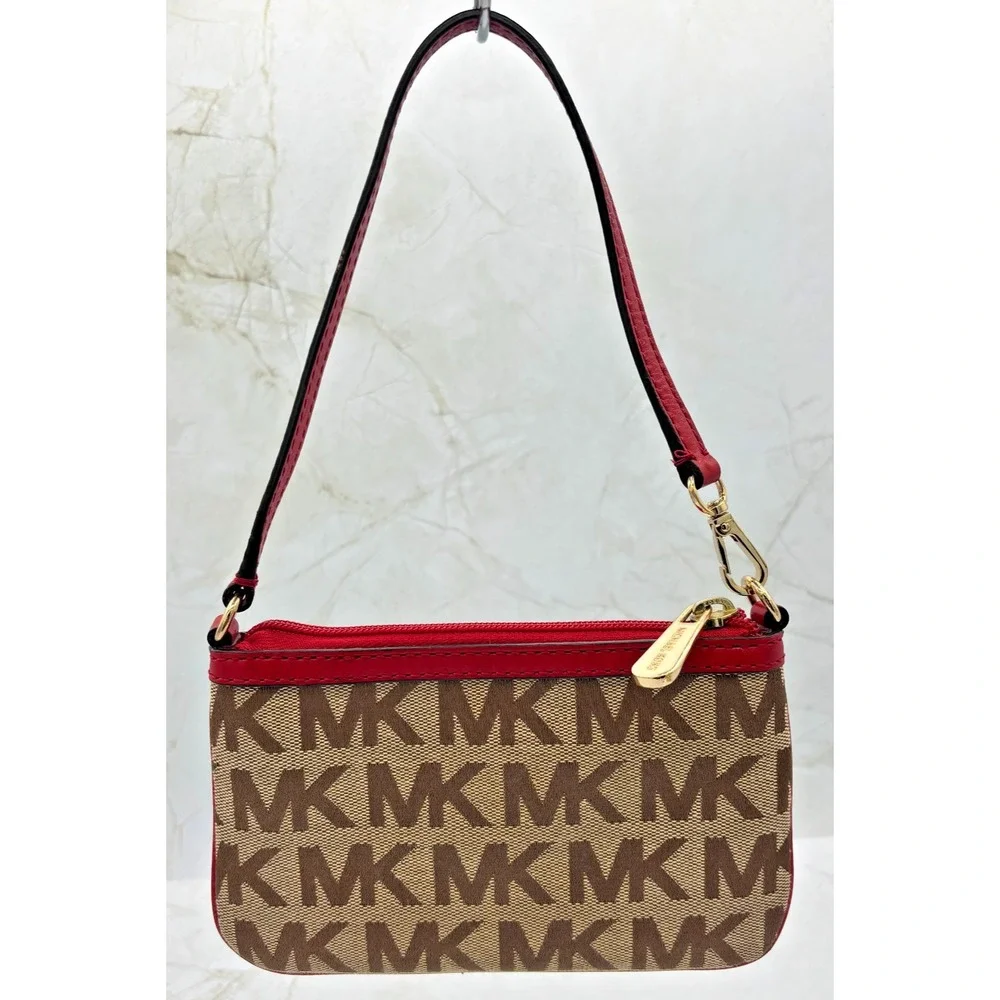 Michael Kors Jacquard‎ Monagram Wristlet Mini Bag Red Leather Signature Lining